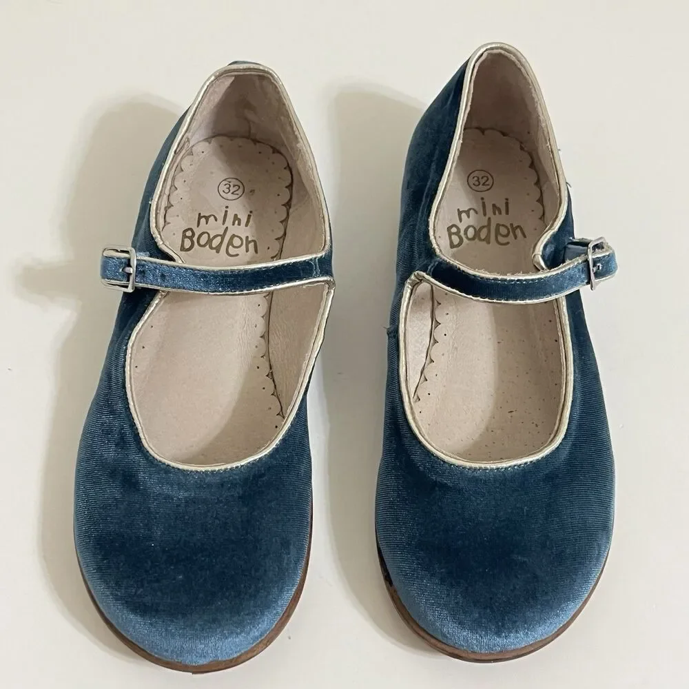 Mini Boden Blue Velvet Mary Jane Shoes Buckle Flats Girls Size 32 US 13.5